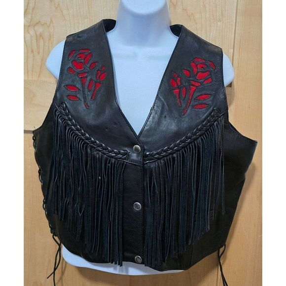 Leather Fringe Vest With Rose Design & Braided Trim For Women - Picture 1 of 10